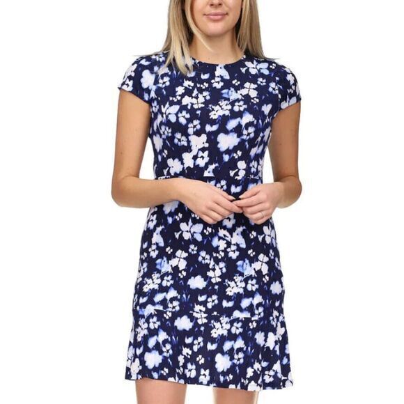 NEW Michael Michael Kors Ikat Poppy Flounce Navy Dress Short Sleeve Womens Sz S - Picture 1 of 10